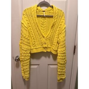 Free People Yellow Cable Knit Cropped Cardigan Sweater Size XL